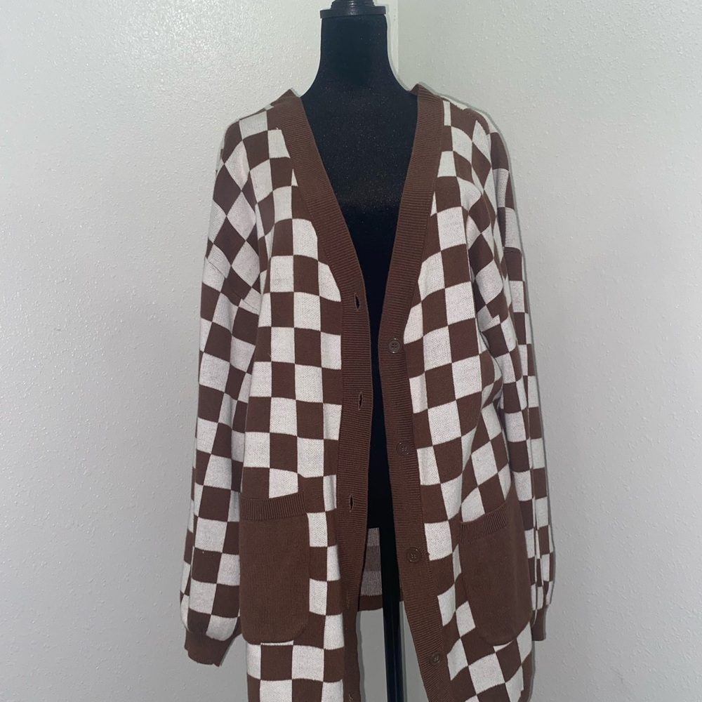 Forever 21 Brown and White Checkered Cardigan